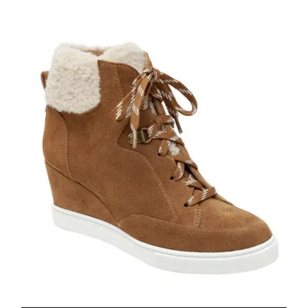 NIB Linea Paolo Arden Wedge Booties Shoes Suede Brown Faux Fur Women’s 8.5